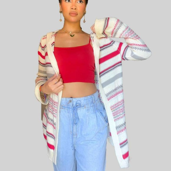striped knit cardigan hoodie in gray, red, and off white - Picture 3 of 4